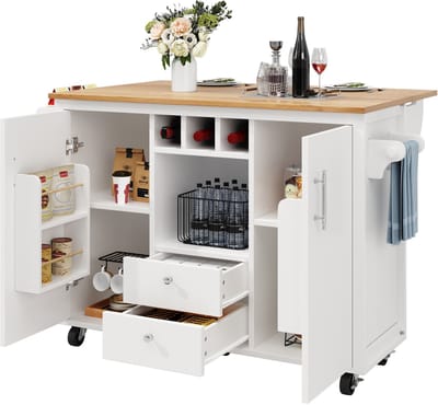 Mobiel Kookeiland 138 cm - Met Uitklapbaar Werkblad (45→73 cm) - 5×360° Draaibare Rollen - Wijnrek & Kruidenrek