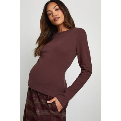 boohoo Dames Zwangerschapsbasic geribbelde lange mouwen lang gesneden nauwsluitende top | Chocoladebruin | Maat: 36