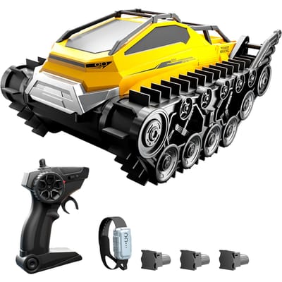 Voiture de cascade télécommandée, véhicule blindé amphibie 2,4 GHz, jouet tout-terrain terrestre et aquatique avec 3 3 Battery noir/jaune