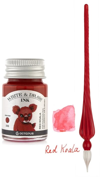 Glazen dip pen set in doosje - Rood - Potje Octopus inkt red koala