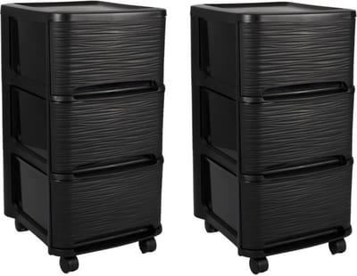 2x stuks ladenkast organizers zwart 3x lades met wieltjes L32 x B37 x H61 cm - Opruimen/opbergen laatjes
