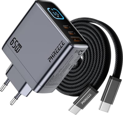 Phreeze 65W Oplader + USB C Kabel 240W 1M Set - USB C Snellader - USB C Adapter - Oplader met Kabel set voor smartphone, tablet & laptop - Universeel