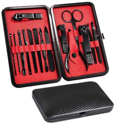 TOVBMUP Manicureset - Nagelverzorgingsset van roestvrij staal - Professionele schaar voor ingegroeide nagels - Voetverzorgingsset - Teennageltrimmer - Dikke nagelschaar - Zwart en rood - 15 in 1