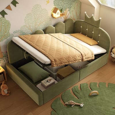 Zachte Slaapbank - 90x200 Cm Groen Fluweel Met Hydraulische Liftopslag, L-Vorm En Kroonruitjesdesign - Logeerbed Zonder Matras