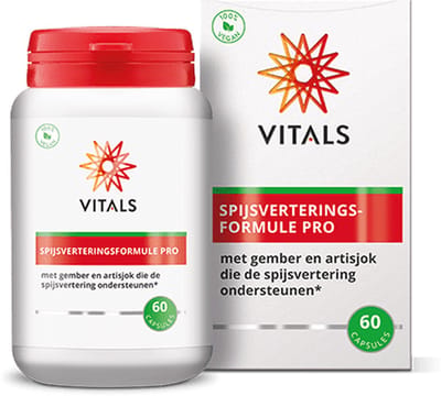Vitals Spijsverteringsformule Pro - 60 capsules. Met gember en artisjok, die de spijsvertering ondersteunen, aangevuld met vijgcactus en olijfblad.