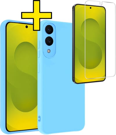 Hoesje - Met Screenprotector - Geschikt voor Samsung Galaxy S25 Edge - Sterk & Shockproof - Back Cover - Siliconen Case - Telefoon Hoes - Telefoonhoesjes - Lichtblauw