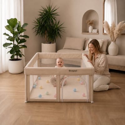 Broyari® Grondbox Baby 127x127 cm – Binnen 2 Seconden Inklapbaar – Inclusief Speelmat & 50 Speelballen – Opvouwbare Baby Speelbox – Kinderbox – Playpen – Beige