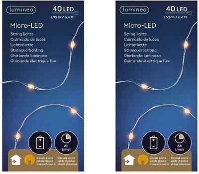 Lumineo draadverlichting lichtsnoer - 2x - zilver - 40 led lampjes - warm wit - 195 cm - timer - kerstverlichting - op batterijen - zilverdraad