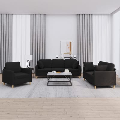 vidaXL - 3-delige - Loungeset - met - kussens - stof - zwart