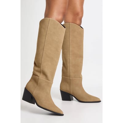 boohoo Dames Wijde Pasvorm Western Laarzen met Naaddetail | Taupe | Maat: 37
