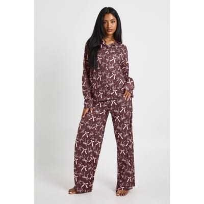 boohoo Dames Gemengde strikprint langmouwhemd & broekpyjamaset | Chocolate | Maat: 6