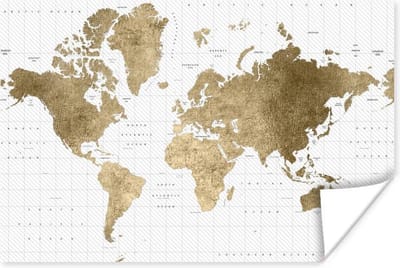 Poster 30x20 cm - Wereldkaart - Goud - Glitter - Posters - Kamer decoratie - Wanddecoratie woonkamer - Muurdecoratie slaapkamer