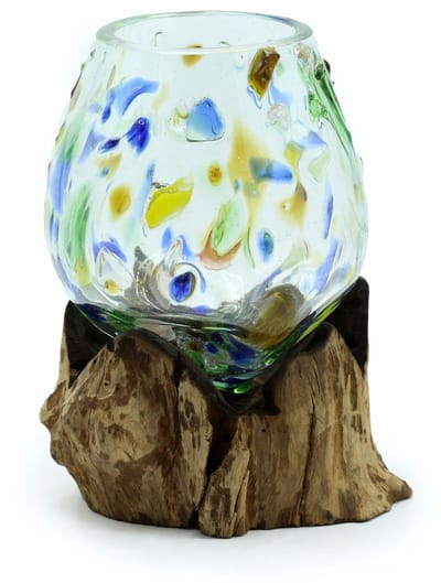 Ancient Wisdom - Decoratief beeld - Gesmolten gekleurd glas op hout met amethist - orgoniet - boompje - gerecycled glas - multicolor - figuur