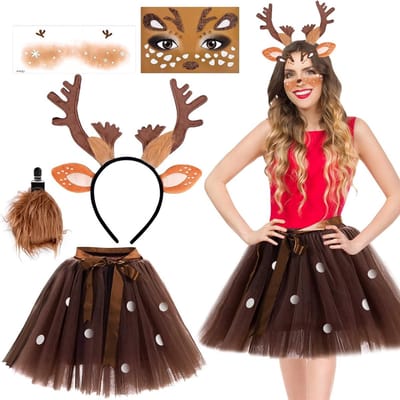 Vrouwelijk rendier kostuum met hoornenkap, staart, tule rok en tijdelijke tatoeages voor Halloween en kerstfeest, 5-delige set