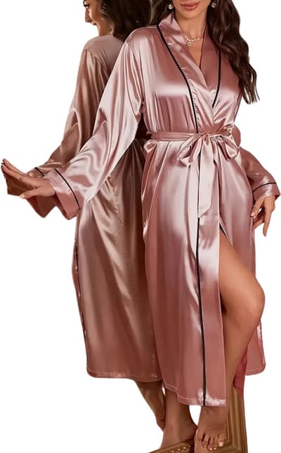 Livano Satijnen Badjas Dames - Kimono - Kamerjas - Satijn - Ochtendjas - Pyjama - Roze - Maat L