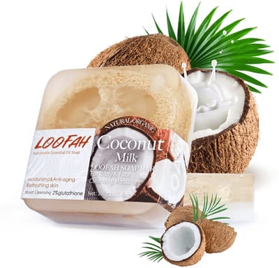 Loofah Zeepblok Coconut - Kokosnoot - Kokosolie - 100g Zeep Stuk met Loofah Spons - Handgemaakte Biologische Body Bar met Luffa - Duurzaam - Handmade - Bio - Vegan - Plantaardig -
