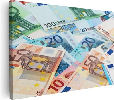 Artaza Canvas Schilderij Eurobiljetten - 30x20 cm - Klein - Muurdecoratie Geld - Wanddecoratie Stilleven - Kamer Accessoires