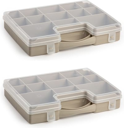 2x stuks plasticforte opbergkoffertje - 13-vaks - taupe - opbergkoffer - sorteer box - 27,5 x 20,5 x 3 cm