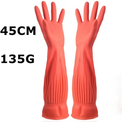 1 paire de gants de nettoyage allongés en latex et caoutchouc imperméables pour la vaisselle, le travail, la vaisselle, les outils de nettoyage de cuisine red