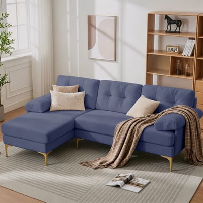 Hoekbank - L-vormige Bank - 3-Zits - Verstelbare rugleuninghoek - Chenille - Metalen stoelpoten - Driezitsbank - Blauw