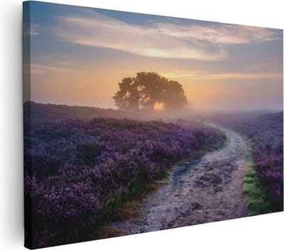 Artaza Canvas Schilderij Zonsopgang Heide - 30x20 cm - Klein - Wanddecoratie Pad - Muurdecoratie Bloemen - Kamer Accessoires Landschap