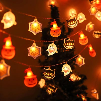 Allecto plus - Halloween Lichtsnoer 3 meter met 20 leds pompoen, spinnen, vleermuis, skelet - decoratie, werkt op batterijen - voor binnen en buiten tuin
