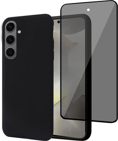 Geschikt voor Samsung Galaxy S24 - Hoesje + Privacy Screenprotector – Privé Gehard Glas Cover - Suède Case Zwart