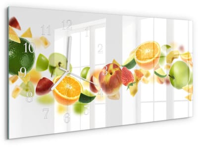 Tulup Wandklok - Fruitmix Moderne Wandklok Glas - 60x30 cm - Geel Wandklok Glas Decoratie - Witte Handen - Rechthoekige Wandklok - Wandklok Glas Met Motief - Decoratieve Glazen Klok
