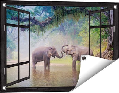 Gards Tuinposter Doorkijk Twee Olifanten in het Water - 60x40 cm - Tuindoek - Tuindecoratie - Wanddecoratie buiten - Tuinschilderij