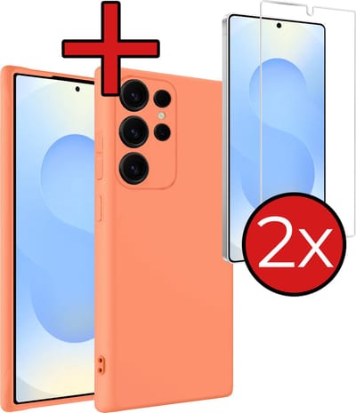 Hoesje - Met 2x Screenprotector - Geschikt voor Samsung Galaxy S25 Ultra - Sterk & Shockproof - Telefoon Hoes - Back Cover - Siliconen Case - Telefoonhoes - Perzik