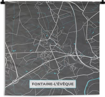 Wandkleed - Wanddoek - Stadskaart – Grijs - Kaart – Fontaine l'Évêque– België – Plattegrond - 180x180 cm - Wandtapijt