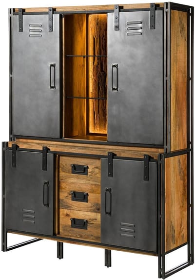 MASSIVMOEBEL24.DE mango / sloophout buffetkast natuur / grijs massief hout 150x55x200 cm gelakt gemonteerd BLACKBURN LUX #406