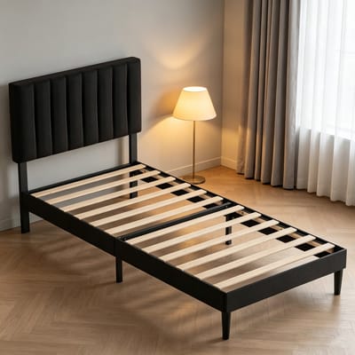 KUTAS Gestoffeerd bed 90x200 cm - Metalen Bedframe Zwart - Tweepersoonsbedden met Lattenbodem - Verstelbaar Hoofdeinde - Opbergruimte Onder Het Bed - Draagkracht 480 kg