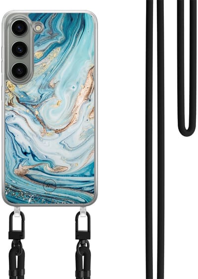Hoesje met koord geschikt voor Samsung Galaxy S23 - Marmer blauw goud - Inclusief Zwart koord - Crossbody beschermhoes - Transparant, Blauw, Goud - Mooie Telefoonhoesjes