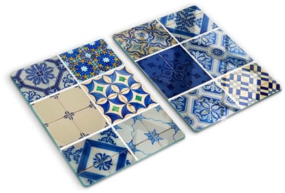 Tulup Glazen Snijplank - Blauw Tegels Snijplank Glas - SET van 2 STUKS 40 x 52 cm - Anti-Slip Snijplanken-Serveerplanken van glas-UV Gelaagd Glas Serveerplanken-Dienblad-Kookbenodigdheden