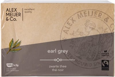 Earl Grey Thee Grote XXL Doos 100 theezakjes 2 gram Alex Meijer Fair Trade