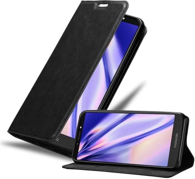 Cadorabo Hoesje geschikt voor Motorola MOTO E5 PLUS in ZWARTE NACHT - Beschermhoes met magnetische sluiting, standfunctie en kaartvakje Book Case Cover Etui