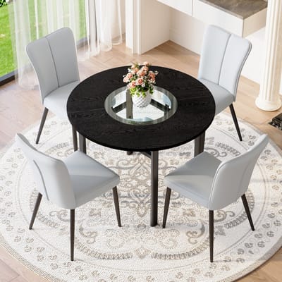 Moderne minimalistische ronde tafelset (met 4 lichtgrijze PU-fauteuils en zwarte metalen poten), ronde tafel met een diameter van 100 cm in zwart houtlook, geschikt voor de woonkamer etc.
