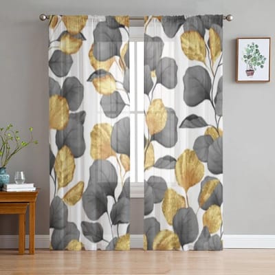 Zwart En Goud Bladeren Transparante Gordijnen Voor Woonkamer Slaapkamer Keuken Tule Gordijn Huis Decoratieve Transparante Panelen 135W x 137H(cm)