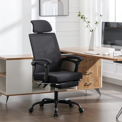 UEV Ergonomische bureaustoel, bureaustoel met wielen en armleuningen, verstelbare hoogte en hoofdsteun, voetensteun, draagvermogen 136 kg, gemaakt van ademend gaas, Zwart