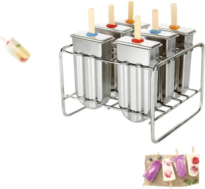 GELLDG Ijsvormen - Een set van 6 - Ronde Popsicle Vormen met Metalen Onderstel - Herbruikbaar en Antibacterieel - Geschikt voor Diepvries en Thuisgebruik - Roestvrij Staal - Incl. Stokjes Houder - 14.5x13x10cm