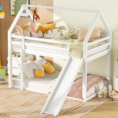 MODENUIT Stapelbed 90x200 cm – Huisvorm met Glijbaan en Ladder – Wisselbare Opstelling – Zonder matras – Wit