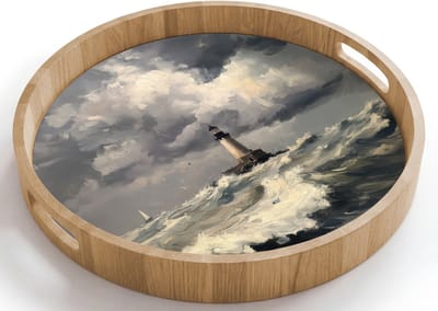 Dienblad rond 40x40 cm - Schootdienblad hout - Vuurtoren - Golven - Storm - Borrelplank rechthoek - Plateau houten dienbladen