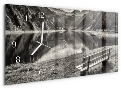 Tulup Wandklok - Vreedzame bergen Klok Glas Met Opdruk - 60x30 cm - Zwart-wit Moderne Wandklok Glas - Witte Handen - Rechthoekige Wandklok - Wandklok Glas Decoratie - Gekleurde Glazen Klok