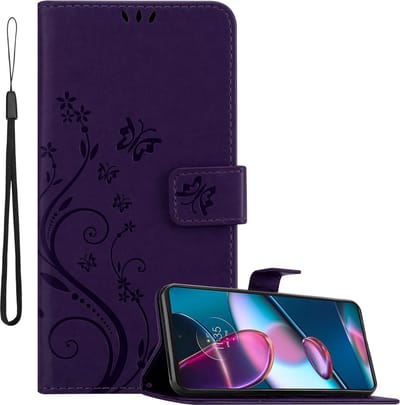 Cadorabo Hoesje geschikt voor Motorola EDGE+ in Paars - Beschermhoes in bloemmotief met magnetische sluiting, standfunctie en kaartsleuven Book Case Cover Etui