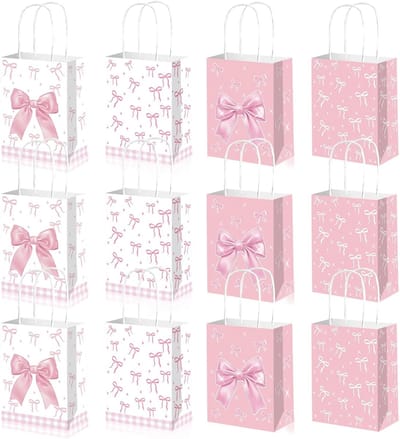Dailygoods- Cadeauzakjes 12 stuks met roze strik - Papieren zakjes - 21 x 16 x 8 cm - Geschenktas - Verpakking voor feesten - Duurzaam materiaal - Geschenkzakjes