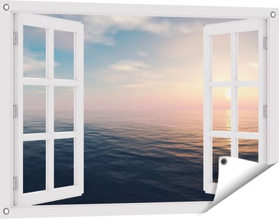 Gards Tuinposter Doorkijk Zee Water tijdens Zonsondergang - 90x60 cm - Tuindoek - Tuindecoratie - Wanddecoratie buiten - Tuinschilderij