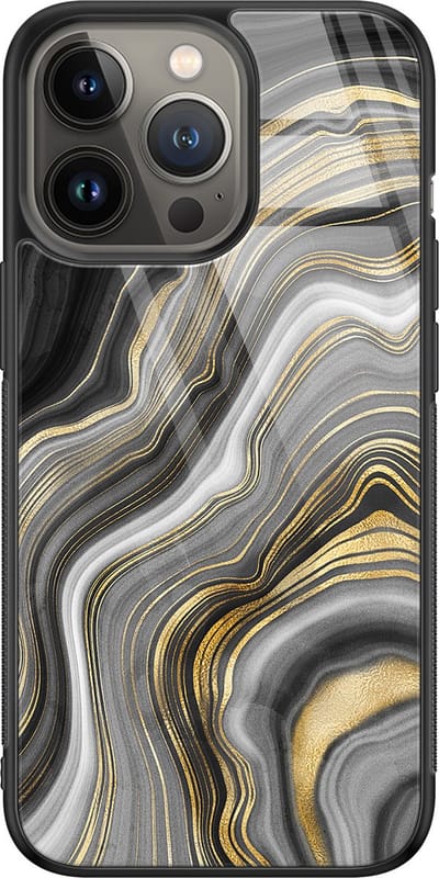 Hoesje geschikt voor iPhone 13 Pro - Marble agate - Luxe Glazen Hardcase - Marmer - Goud - Leuke Telefoonhoesjes