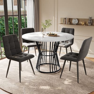 STILVORA Eettafelset 5 Delig Met 4 Stoelen Ronde Tafel 100 Cm Marmerlook MDF Zwart Metaal Poten Donkergrijs Fluweel