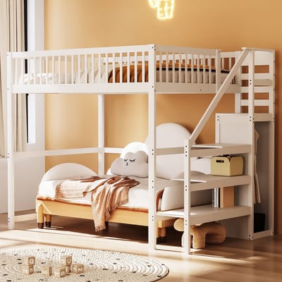 140x200 cm hoogslaper met trap - kinderbed met opbergplank en enkele kledingkast - massief hout + MDF - wit(matras niet inbegrepen)